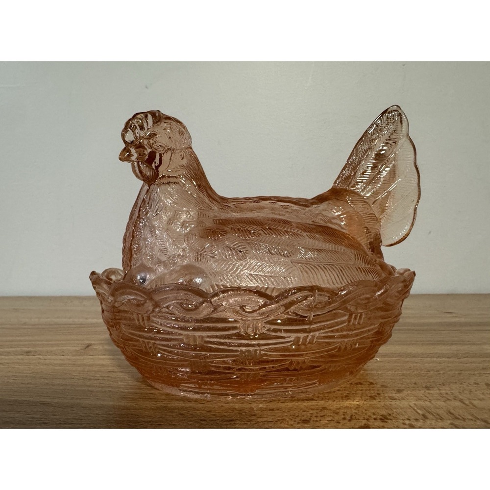 Vintage 6" Indiana Glass Pink Hen On Nest Candy Dish Braided Edge Split Tail